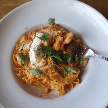IL  Posto - Tagliatelle in a vodka sauce + shrimp + Fior di latte. Just incredible! Shred all the basil in your plate! - Italian Near Me - San Diego, California