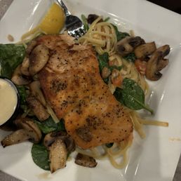 This was the salmon special with mushrooms. It had a delicious sauce on the side. This was the salmon special with mushrooms. It had a delicious sauce on the side.