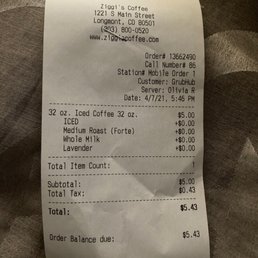 the receipt for the coffee