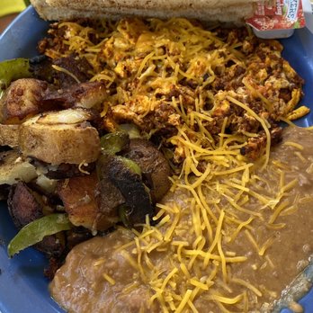 Cafe 222 - Chorizo scramble, house potatoes, refried beans, sourdough toast - Breakfast & Brunch Near Me - San Diego, California