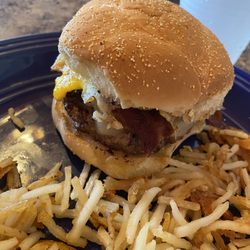 Maggie's Place - Breakfast Burger with hash-browns.