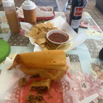 Tony’s Tacos - Pork tamales with small chips and salsa. - Mexican Near Me - Collierville, Tennessee