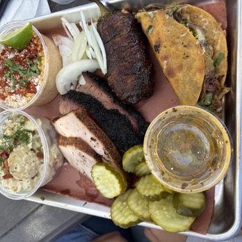Hurtado Barbecue - Two meat plate Turkey and Brisket with Texas Twinkie and Birria Taco - Barbeque Near Me - Arlington, Texas