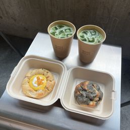 Matcha lattes and cookies -- mango sticky rice and miso and black sesame.
