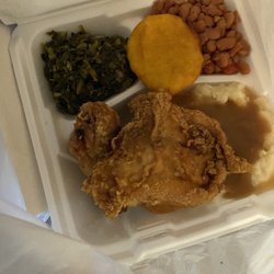 Casseroles Etc - Fried chicken, turnip greens, pinto beans and fried cornbread (hot water cornbread)