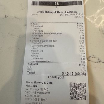 Breka Bakery & Cafe - receipt - Bakeries Near Me - Vancouver, British Columbia