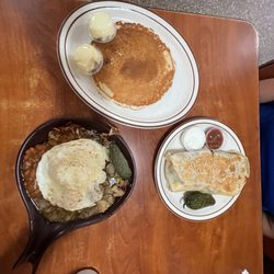 McCoy's Coffee Shop - Pancake, chile verde skillet and chile verde burrito.