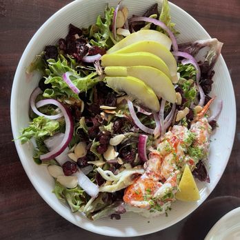 Cafe Drydock & Inn - Mescaline Greens salad with pears, cranberries, almonds and lobster meat (additional) - Hotels Near Me - Southwest Harbor, Maine Cafe Drydock & Inn - Mescaline Greens salad with pears, cranberries, almonds and lobster meat (additional) - Hotels Near Me - Southwest Harbor, Maine
