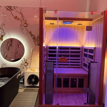 Sauna House - Sauna with different color lights, tv on other side to play music or Hulu/ Netflix. - Cryotherapy Near Me - Dallas, Texas Sauna House - Sauna with different color lights, tv on other side to play music or Hulu/ Netflix. - Cryotherapy Near Me - Dallas, Texas