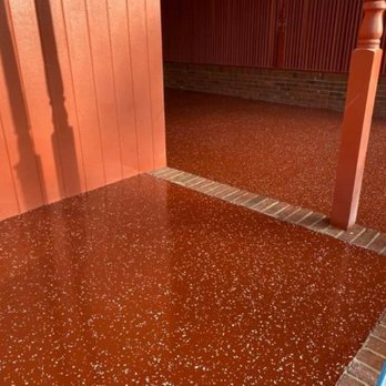 Upstate Concrete Coatings - After This is a Decorative Epoxy with Flakes on a porch and carport area. Color: Deck Red with custom Flakes. - Flooring Near Me Upstate Concrete Coatings - After This is a Decorative Epoxy with Flakes on a porch and carport area. Color: Deck Red with custom Flakes. - Flooring Near Me