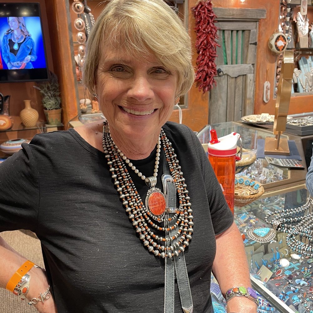 Samsville Gallery - My gorgeous friend with Sam's (now hers) Navajo pearls and spiny oyster. - Jewelry Near Me - Santa Fe, New Mexico Samsville Gallery - My gorgeous friend with Sam's (now hers) Navajo pearls and spiny oyster. - Jewelry Near Me - Santa Fe, New Mexico