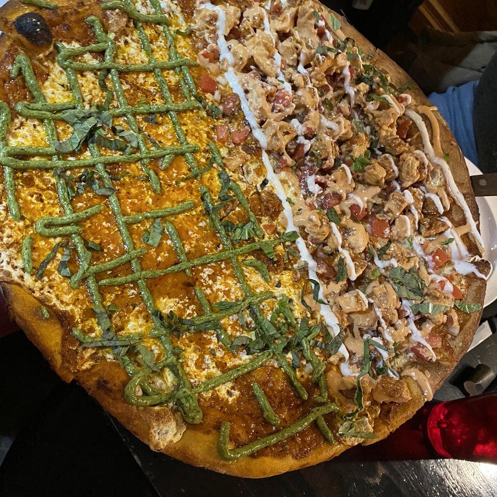 Napoli's Pizza - 1/2 Vodka Pizza with fresh Pesto 1/2 Chipotle Chicken Ranch - Pizza Near Me - Hoboken, New Jersey