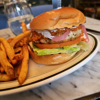 Kitchen at Cobble Hill - Salmon Burger- Ponzu aioli, muhammara, pickled onions, lettuce, tomato, brioche bun, fries. $15.99 for kitchen lunch. Decent though messy - New American Near Me - Brooklyn, New York Kitchen at Cobble Hill - Salmon Burger- Ponzu aioli, muhammara, pickled onions, lettuce, tomato, brioche bun, fries. $15.99 for kitchen lunch. Decent though messy - New American Near Me - Brooklyn, New York