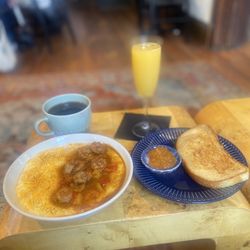 Mama Koko's - Shrimp and Grits Sourdough Toast with Apricot Jam Black Coffee Mimosa (Because it's a Saturday)