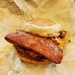 Kielbasa breakfast sandwich - homemade kielbasa (2 split links), 2 fried eggs, cheese, English muffin Kielbasa breakfast sandwich - homemade kielbasa (2 split links), 2 fried eggs, cheese, English muffin