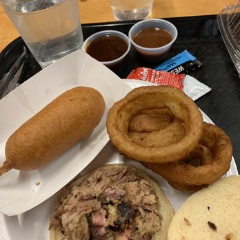 Poole's Bar-B-Q - Pulled pork sandwich, corn dog and onion rings - Barbeque Near Me - East Ellijay, Georgia