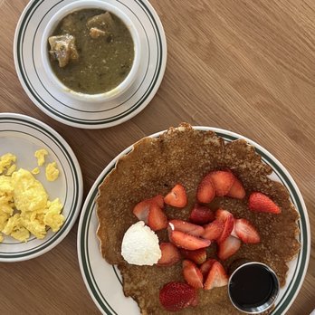 Art's Corner Cafe - Corner cake with strawberries, a scrambled egg, and side of chile verde - Breakfast & Brunch Near Me - Ventura, California