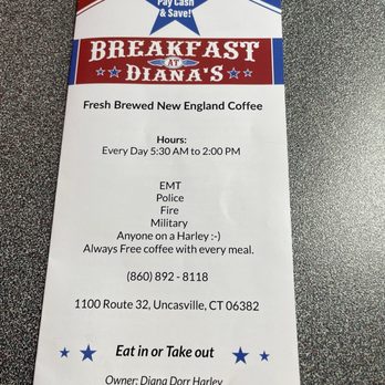Breakfast At Diana’s - The front of their menu. - Breakfast & Brunch Near Me - Uncasville, Connecticut