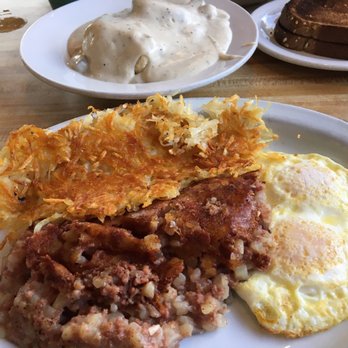 Old Mill Cafe - Corned beef hash with eggs, hash browns and a bowl of biscuits and sausage gravy. - Breakfast & Brunch Near Me - Modesto, California