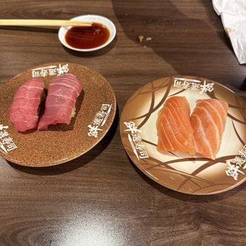 Waka Sakura - Bluefin fatty tuna nigiri and salmon nigiri - Conveyor Belt Sushi Near Me - Irvine, California Waka Sakura - Bluefin fatty tuna nigiri and salmon nigiri - Conveyor Belt Sushi Near Me - Irvine, California