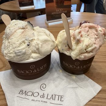 Bacio Di Latte - Grande and Regular size difference Stracciatella and Yogurt Bianco Crema Torino, Strawberry Cheesecake, and Buttercream Pretzel - Ice Cream & Frozen Yogurt Near Me - San Jose, California