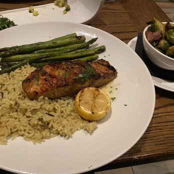 Moondance Grill - Grilled salmon, wild rice, asparagus and candied Brussels sprouts - New American Near Me - Germantown, Tennessee Moondance Grill - Grilled salmon, wild rice, asparagus and candied Brussels sprouts - New American Near Me - Germantown, Tennessee