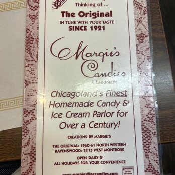 Margie's Candies - Front of menu - Candy Stores Near Me - Chicago, Illinois Margie's Candies - Front of menu - Candy Stores Near Me - Chicago, Illinois