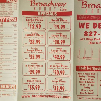 Broadway Bobby's Pizzeria - 2018 Menu. Prices went DOWN!!! (is this real life?) - Pizza Near Me - Lackawanna, New York Broadway Bobby's Pizzeria - 2018 Menu. Prices went DOWN!!! (is this real life?) - Pizza Near Me - Lackawanna, New York