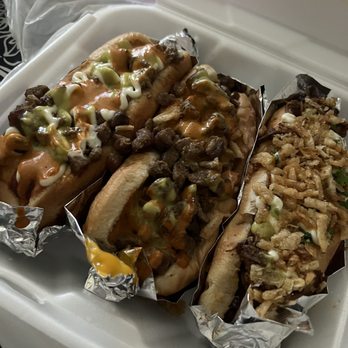 Dogos VIP - Carnivore hot dogs (left) and birria hot dog (right) - Hot Dogs Near Me - Albuquerque, New Mexico