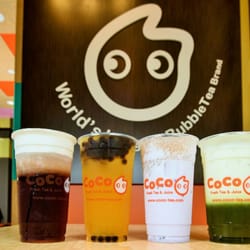 CoCo Fresh Tea & Juice - Black Tea Macchiato, Bubble Gaga, Sago Taro Milk Tea and Matcha Macchiato  (From Left to Right)
