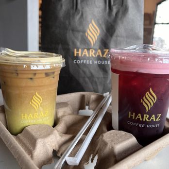 Haraz Coffee House - Iced pistachio latte with oatmilk,  Iced Blush - blackberry refresher - Coffee & Tea Near Me - Warren, Michigan
