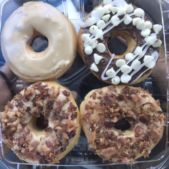 Donut Worry - Donuts to go, delicious! Maple Donut (top left), White Chocolate Nutella (top right), Maple Bacon (bottom). - Donuts Near Me - Lawrenceville, Georgia