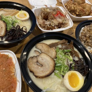 Sunrise Ramen & Sushi - From bottom left clockwise: spicy tuna bowl, tonkatsu ramen, takoyaki, chicken karaage, gyu don, black tonkatsu ramen - Ramen Near Me - Palatine, Illinois