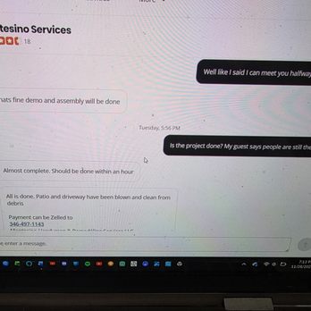Montesino Services - Them demanding more when they didn't bother to read the project details - The image depicts a computer monitor displaying a chat conversation with Montesino Services. The chat includes messages about project progress, completion status, and payment information. The conversation mentions a demo, assembly, and project completion, with timestamps and a visible message input box. The screen also shows the Windows taskbar at the bottom and the date and time as 7:13 PM on 11/28/2025. - Plumbing Near Me - Spring, Texas