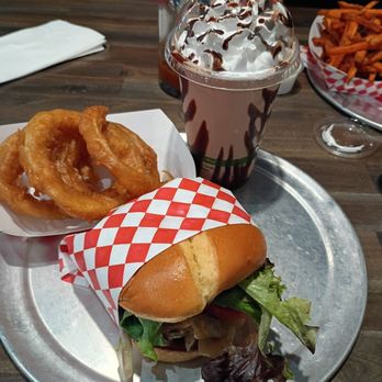 Burger Me! - White Truffle Burger with Onion rings and a chocolate milkshake - Burgers Near Me - South Lake Tahoe, California Burger Me! - White Truffle Burger with Onion rings and a chocolate milkshake - Burgers Near Me - South Lake Tahoe, California