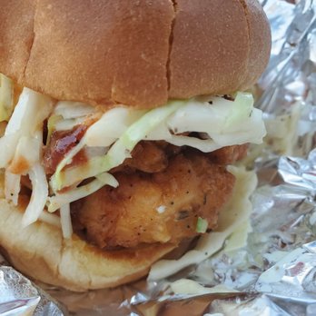 Karachi Broast & Grill - Zinger burger - this is a chicken sandwich but they call it a burger - comes topped with ketchup and slaw - Halal Near Me - Marietta, Georgia Karachi Broast & Grill - Zinger burger - this is a chicken sandwich but they call it a burger - comes topped with ketchup and slaw - Halal Near Me - Marietta, Georgia