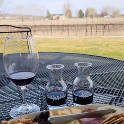 Frichette Winery - Flight and charcuterie with vineyard in background