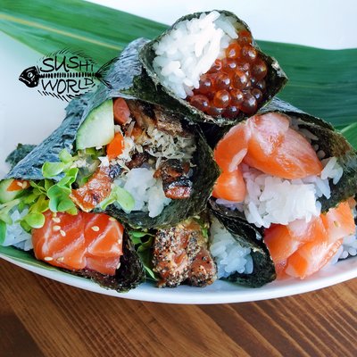 Photo of Sushi World - Cypress, CA, US. Various Salmon Handrolls