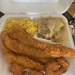 Miss Carter's Kitchen - Catfish with fried shrimp. Sides cabbage and yellow rice