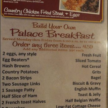 Pancake Palace - The breakfast menu offers a weekday morning special of three pick-it-yourself items for $4.59, which sounded good to me. Lots of choices! - Breakfast & Brunch Near Me - North Highlands, California Pancake Palace - The breakfast menu offers a weekday morning special of three pick-it-yourself items for $4.59, which sounded good to me. Lots of choices! - Breakfast & Brunch Near Me - North Highlands, California
