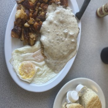 Grannie's Restaurant - Chicken Fried - steak home fries - eggs over easy - and (2) biscuits - Breakfast & Brunch Near Me - Crystal River, Florida Grannie's Restaurant - Chicken Fried - steak home fries - eggs over easy - and (2) biscuits - Breakfast & Brunch Near Me - Crystal River, Florida