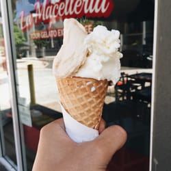 La Macelleria Gelateria - Salted Caramel, Pistachio, and Milk Gelato in a waffle cone.