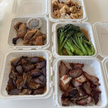 Kau Kau Barbeque - BBQ Combination 燒味三拼, Eggplant 茄子, Chinese Broccoli 蒜蓉芥蘭, Roast Duck (¼) 火鴨, Honey Walnut Prawns 核桃蝦 - Barbeque Near Me - Seattle, Washington Kau Kau Barbeque - BBQ Combination 燒味三拼, Eggplant 茄子, Chinese Broccoli 蒜蓉芥蘭, Roast Duck (¼) 火鴨, Honey Walnut Prawns 核桃蝦 - Barbeque Near Me - Seattle, Washington