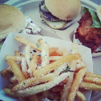 Black's Sliders - Three Slider Plate.  From L to R: Soaker, Vegetarian, and Southern Fried Chicken.  With Parmesan & Herb fries - Food Trucks Near Me - Park City, Utah