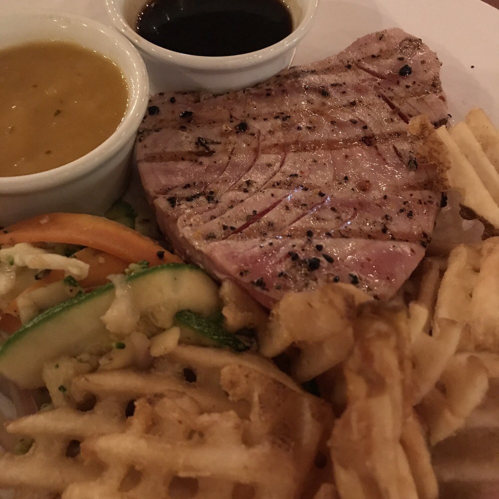 Muelle 7 - Seared Tuna with teriyaki sauce and chutney in the side, sautés veggies and waffle fries. I'd nix the fries but otherwise outstanding. - Cocktail Bars Near Me - Isla Mujeres, ROO Muelle 7 - Seared Tuna with teriyaki sauce and chutney in the side, sautés veggies and waffle fries. I'd nix the fries but otherwise outstanding. - Cocktail Bars Near Me - Isla Mujeres, ROO