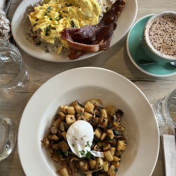 Oddfellows Cafe & Bar - Maitake Mushroom & Zucchini Hash and biscuits and gravy with scrambled eggs and a side of bacon and a mocha - Breakfast & Brunch Near Me - Seattle, Washington Oddfellows Cafe & Bar - Maitake Mushroom & Zucchini Hash and biscuits and gravy with scrambled eggs and a side of bacon and a mocha - Breakfast & Brunch Near Me - Seattle, Washington