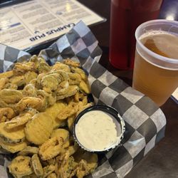 Campus Pub - Fried pickles (decent!) and then fried scraps of jalapeño and onion?