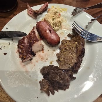 Rio Grande Churrascaria - Plate with sausage, octopus and lamb - Brazilian Near Me - Hialeah, Florida Rio Grande Churrascaria - Plate with sausage, octopus and lamb - Brazilian Near Me - Hialeah, Florida