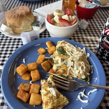 Jimmy's Down the Street - My omelette, potatoes, fruit, and biscuit - Breakfast & Brunch Near Me - Coeur D Alene, Idaho