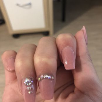 Shadow Nails - 9 diamonds on ring finger on this hand. Diamonds kind of crooked on ring finger. Diamond fell off on ring finger - Nail Salons Near Me - Seattle, Washington